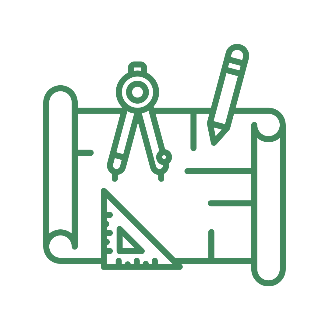 Line drawing of drafting tools, including a compass, ruler, protractor, pencil, and rolled blueprint.