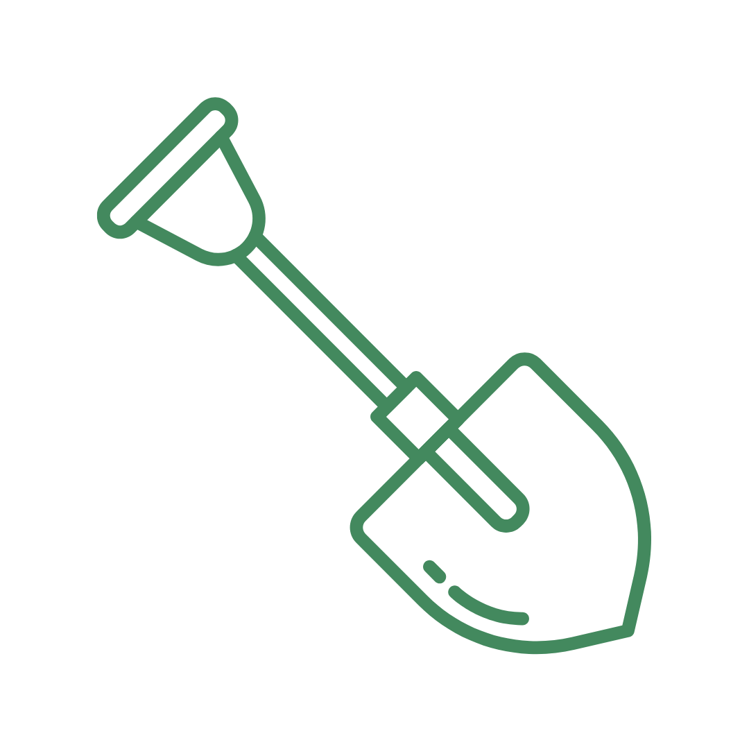 Line drawing of a shovel with a green outline