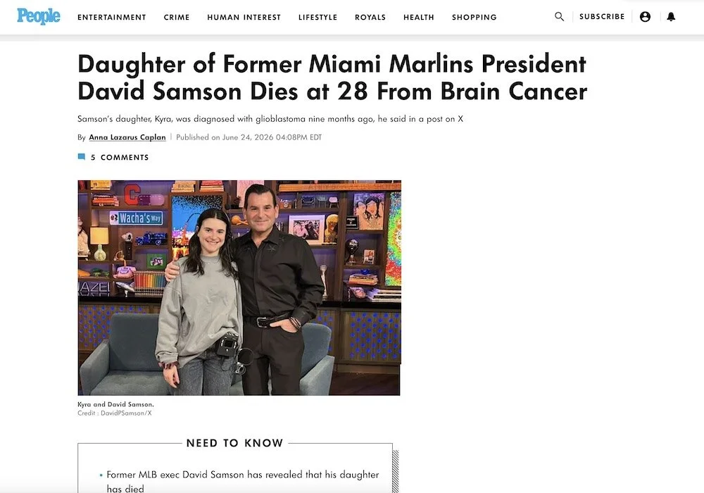 Daughter of Former Miami Marlins President David Samson Dies at 28 From Brain Cancer