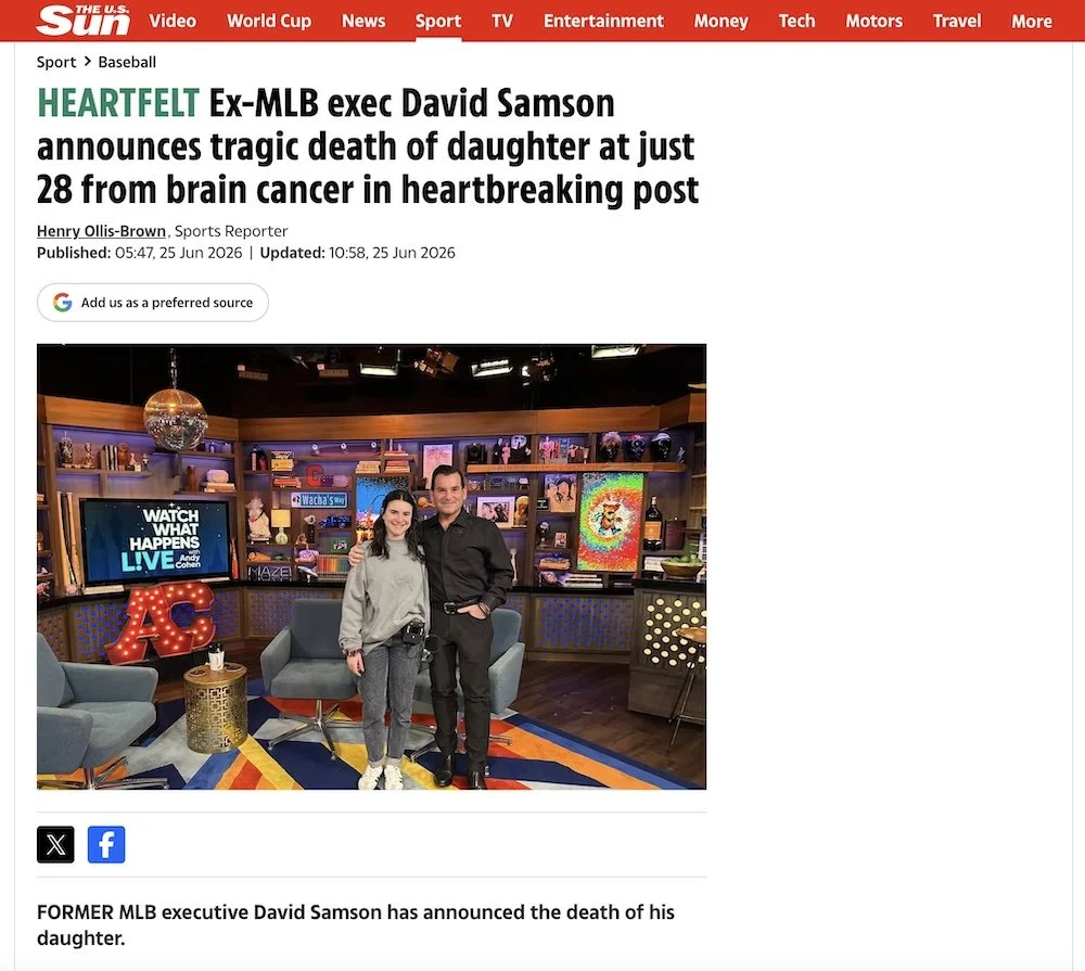 Ex-MLB exec David Samson announces tragic death of daughter at just 28 from brain cancer in heartbreaking post