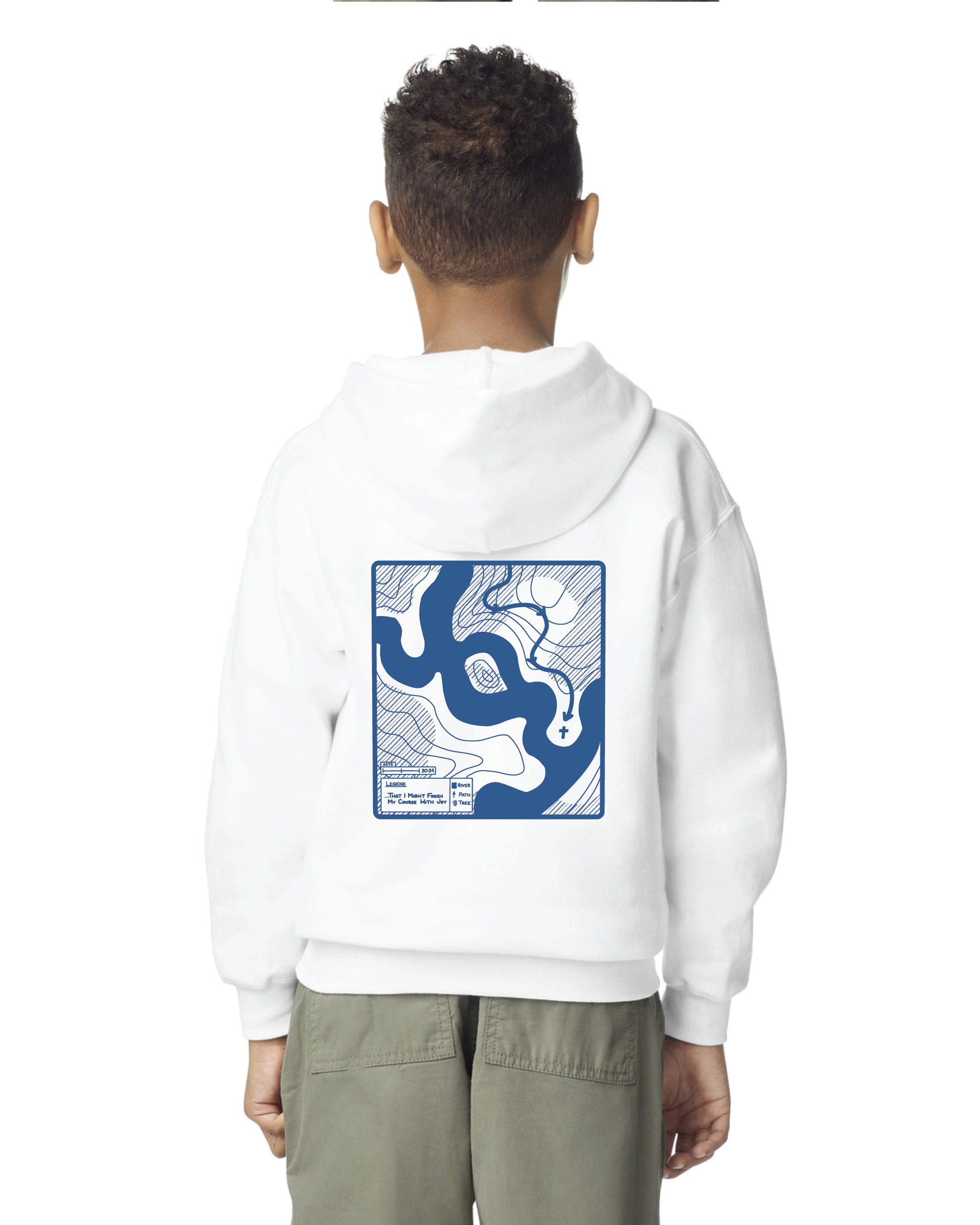 Joy River White Hoodie Blue Print Youth Back.png