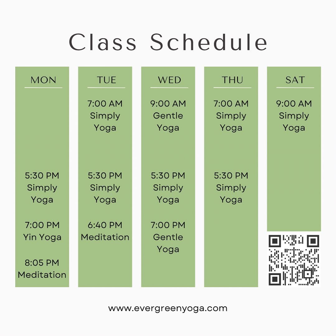 Classes are filling up fast!

Don&rsquo;t get left out! Scan the QR code or go to www.evergreenyoga.com to get register.
