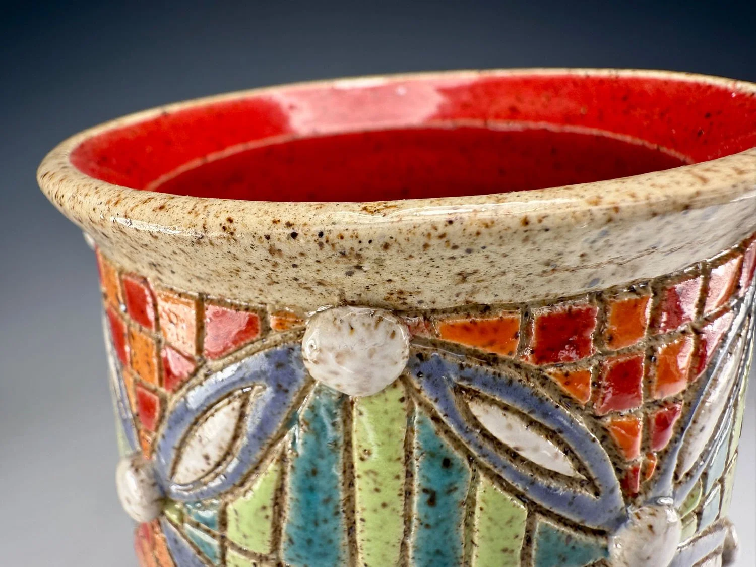 Red interior of Checkered stripe stoneware vase