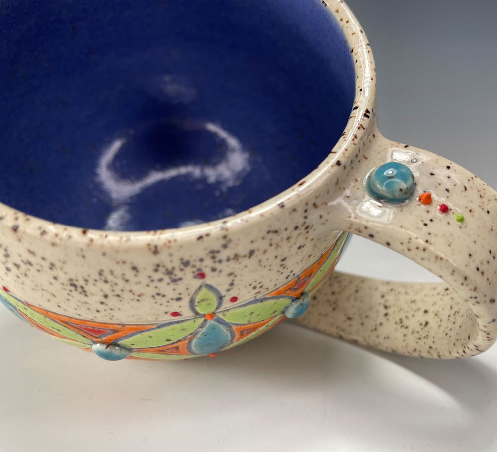 Purchase Colorful Hand Carved Blue Lined Speckled Stoneware Mug