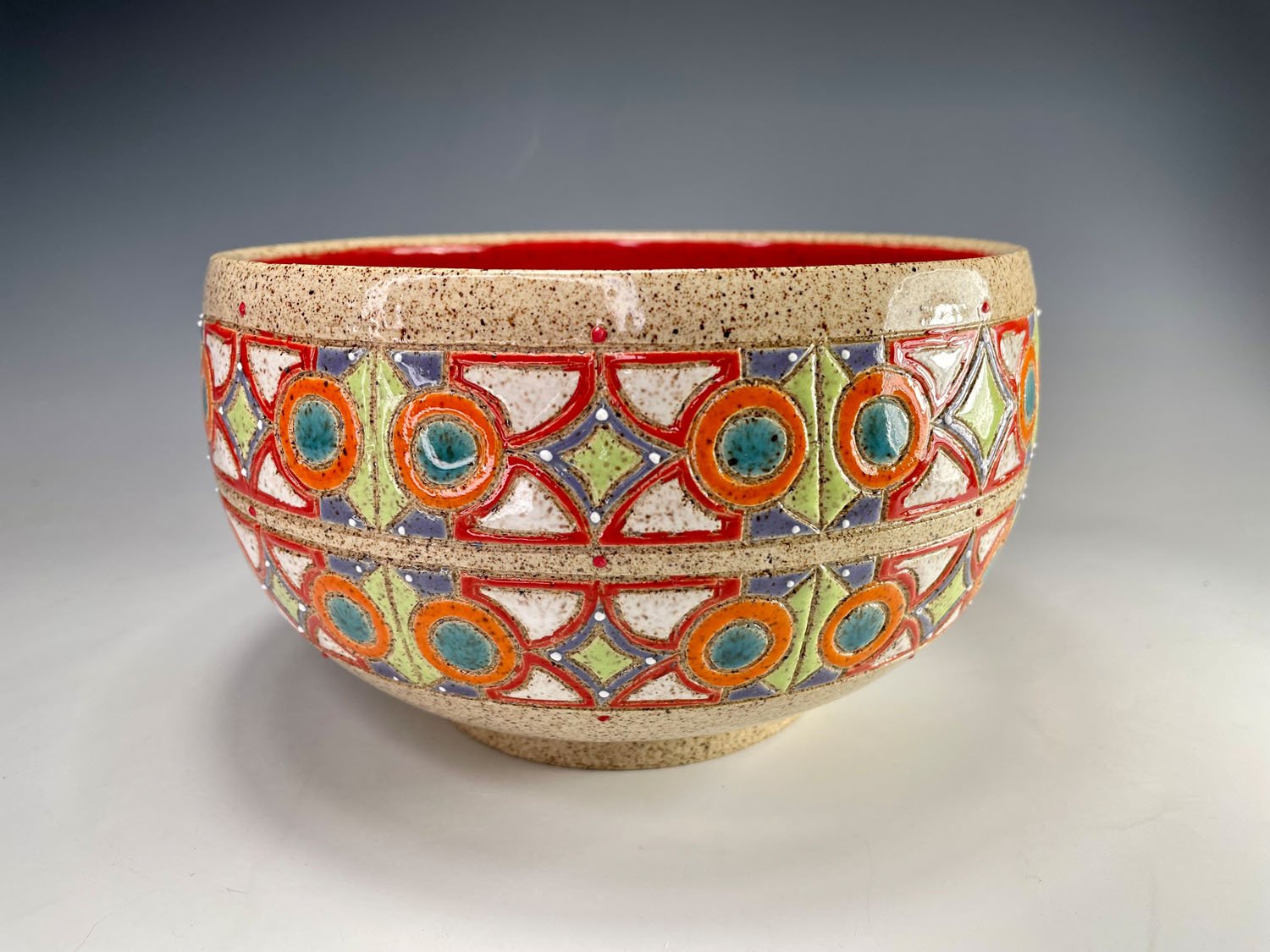 Mosiac bands on speckled stoneware bowl