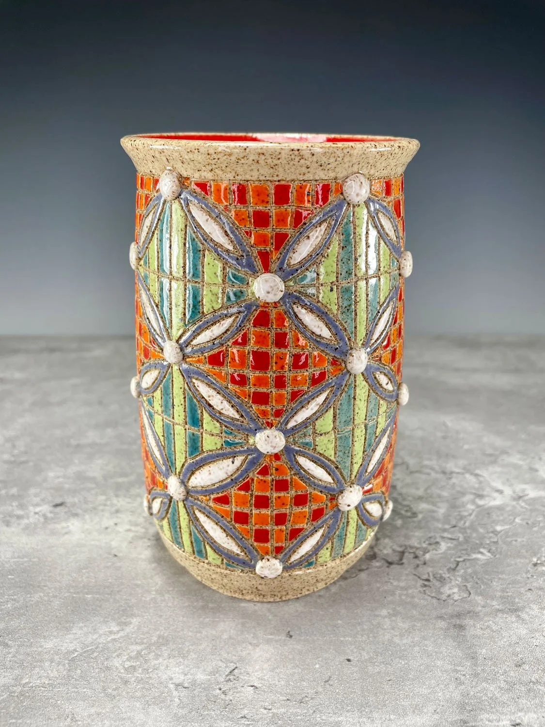 Checkered stripe stoneware vase