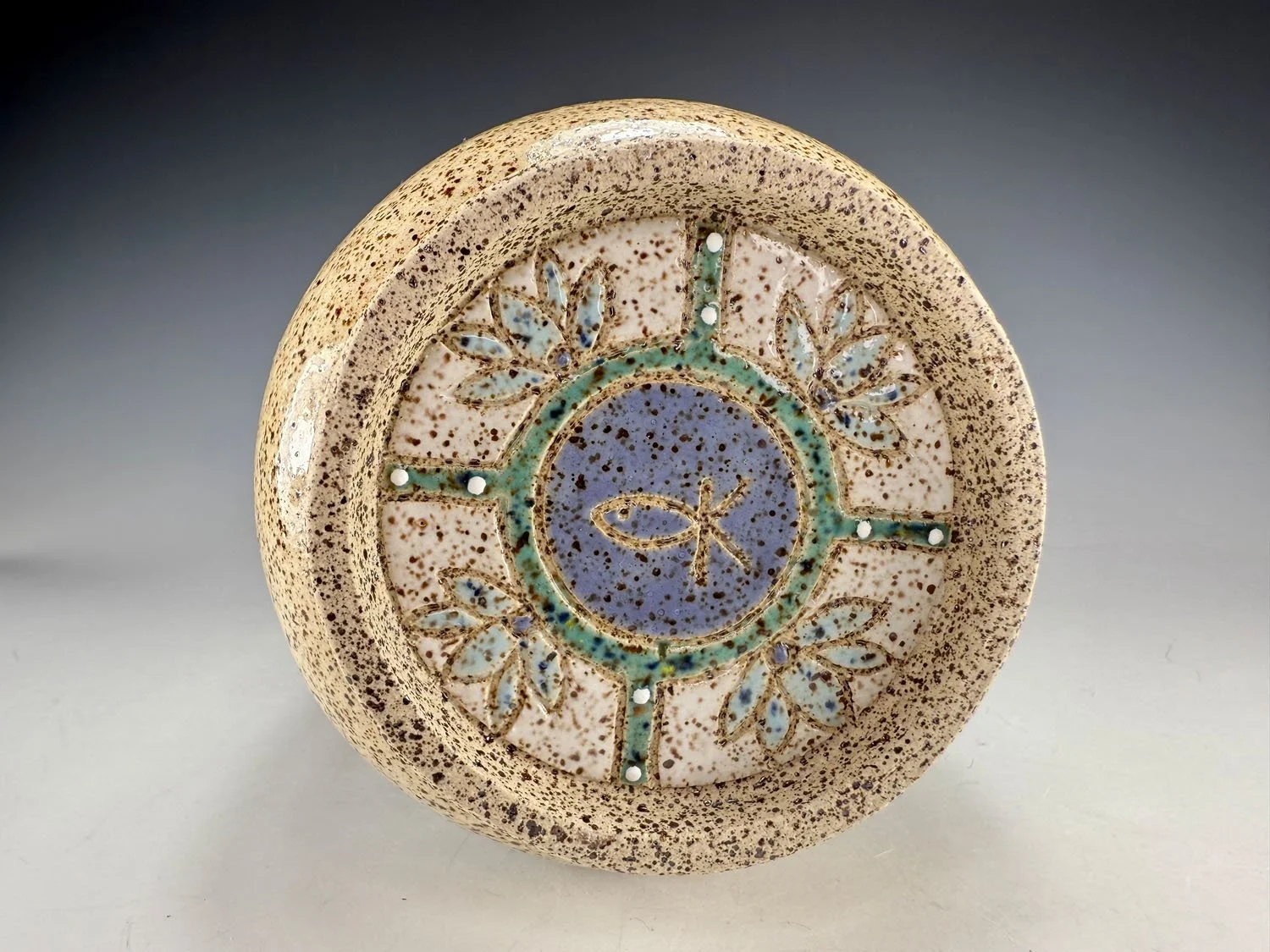 Bottom of Blue green stoneware bowl handleless mug