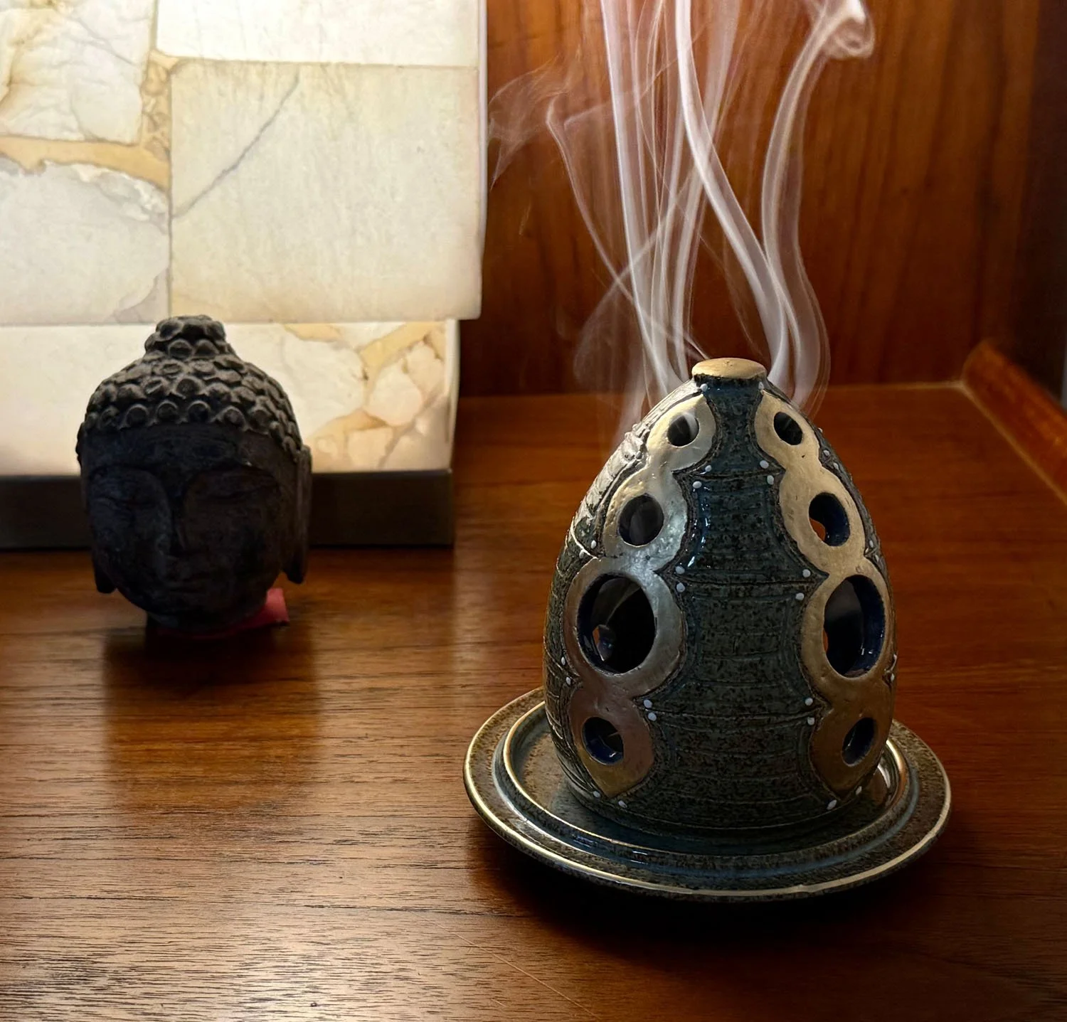 Stoneware 2pc incense burner with buddha bust