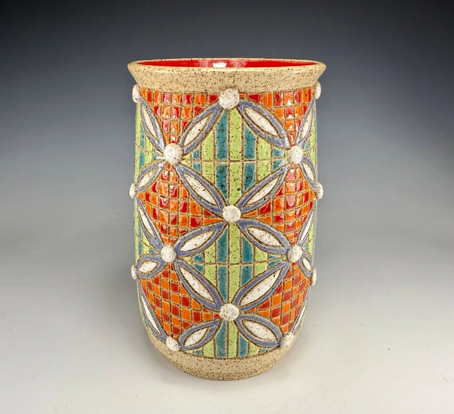 View 2 of Checkered stripe stoneware vase