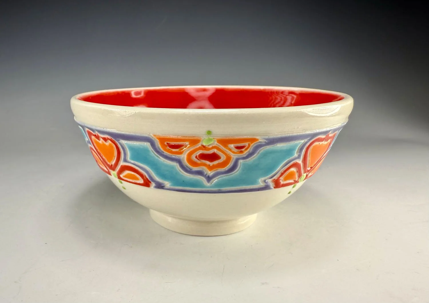 Bowl 1 of Porcelain 2 bowl snack set w red liner and carved outer designs