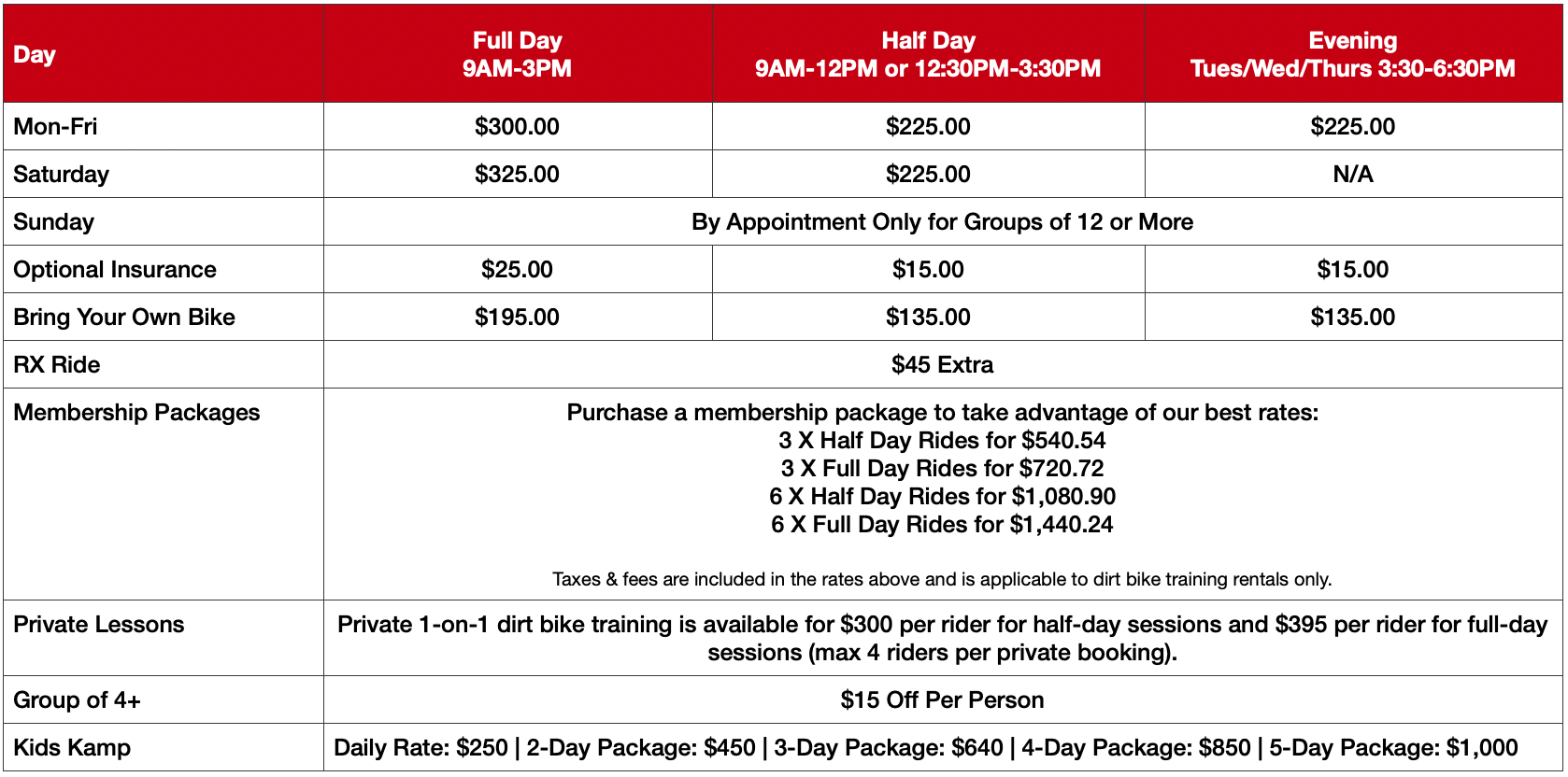 Trail Tours Price List