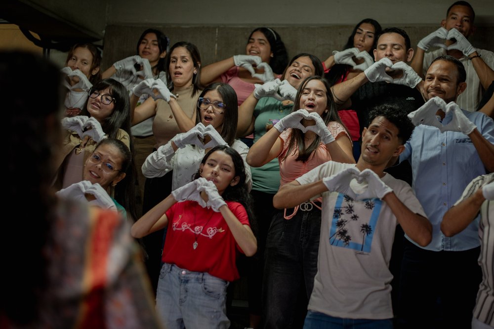 Members of the Deaf section of the White Hands Choir (El Coro de Manos Blancas) rehearse in Barquisimeto, Venezuela. February 2024.