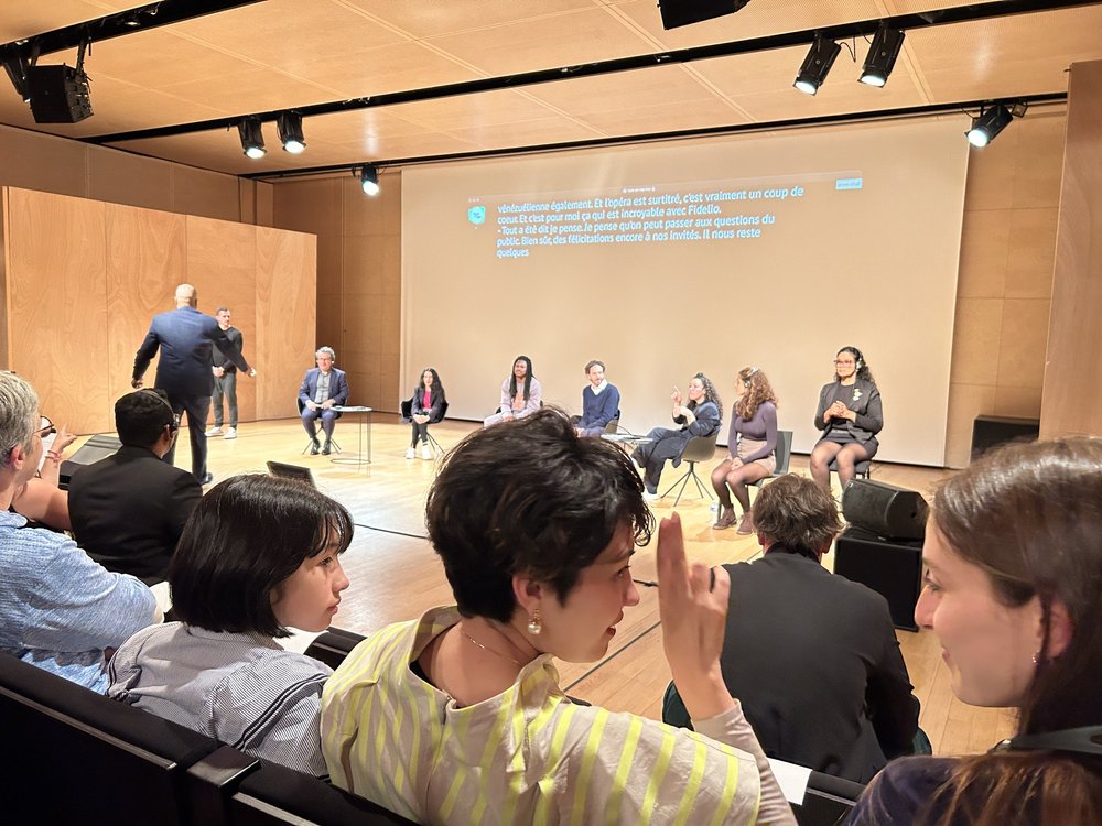 The cast of Fidelio, Deaf West Theatre, Coro de Manos Blancas, and Deaf community members from France meet at the Philharmonie de Paris, May 2024.