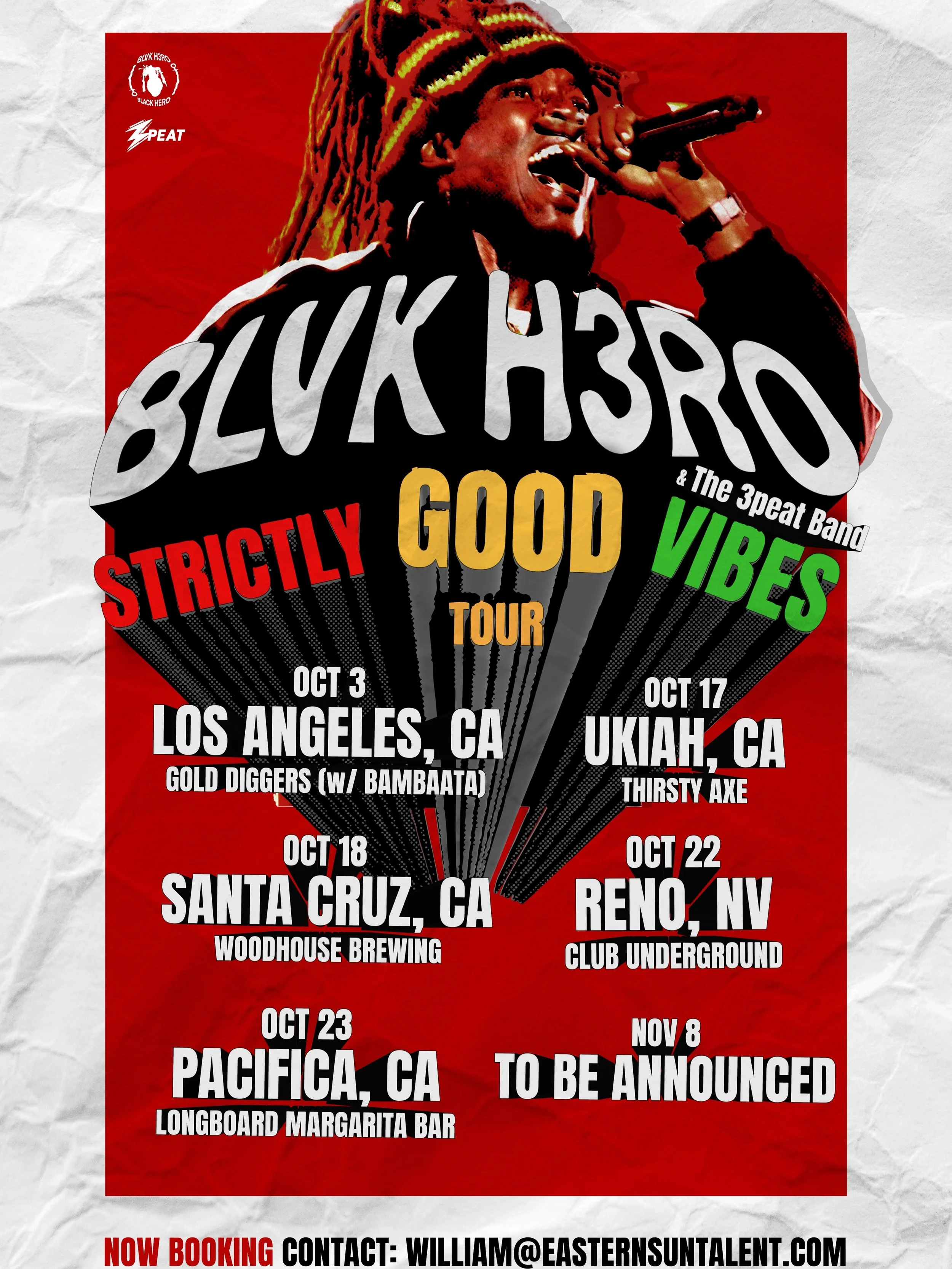 Very happy to announce the official band run, the Strictly Good Vibes Tour, alongside the @3peat.mp3 band and @bambaata joining us on the gold diggers stop. We're kicking things off on the West Coast 🇺🇸, with more dates loading. The plan is to take