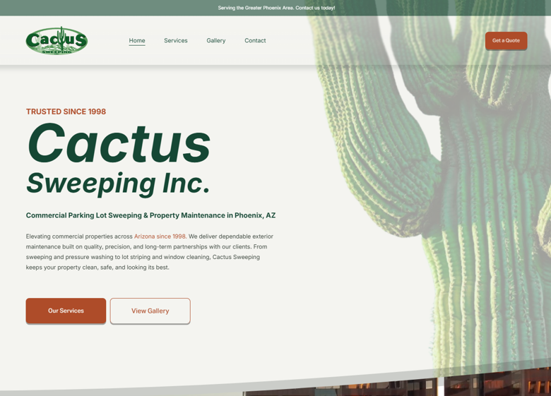 Redesigned Cactus Sweeping homepage hero featuring commercial parking lot sweeping and property maintenance services in Phoenix Arizona