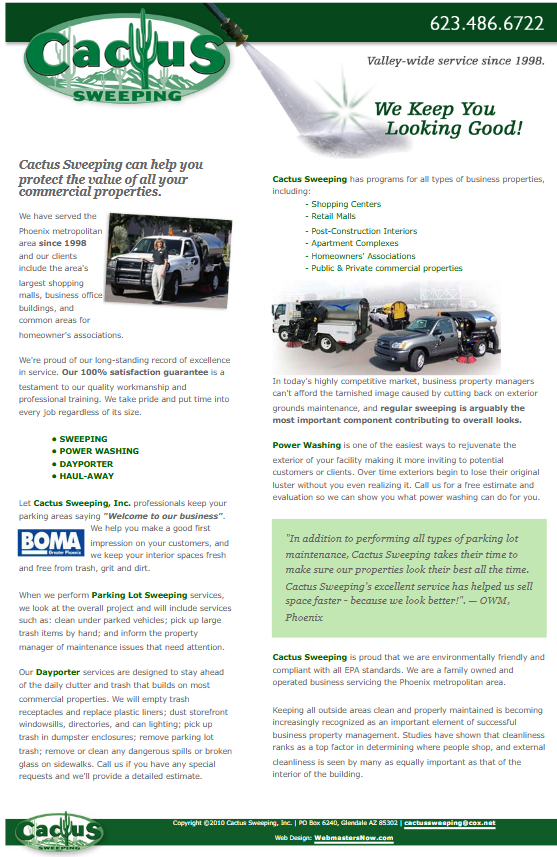 Previous Cactus Sweeping website displaying a dated, text-heavy layout and Not Secure browser warning