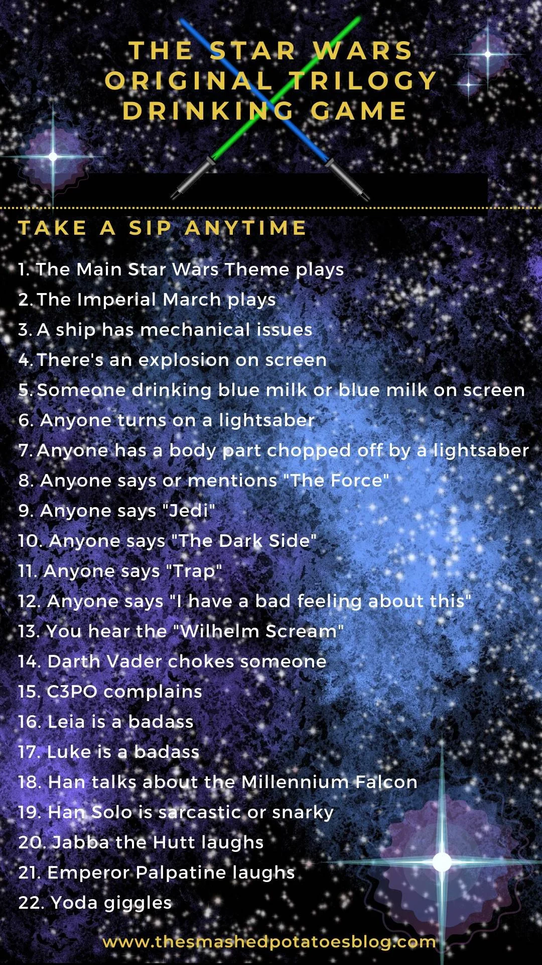 The Star Wars Original Trilogy Drinking Game poster featuring rules and instructions for drinking while watching the trilogy created by The Smashed Potatoes Blog