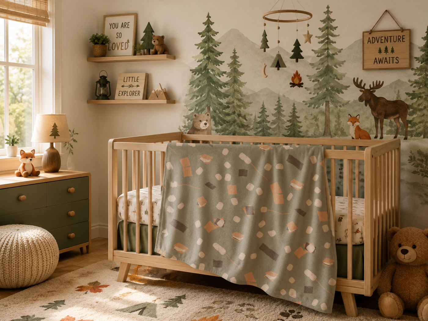 A cozy children's nursery with woodland-themed decor, including a painted forest mural, stuffed animals, and nature-inspired accents like a tree-shaped lamp and framed quotes.