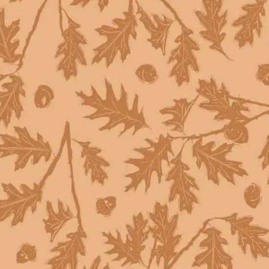 Pattern of autumn leaves and acorns on a beige background.