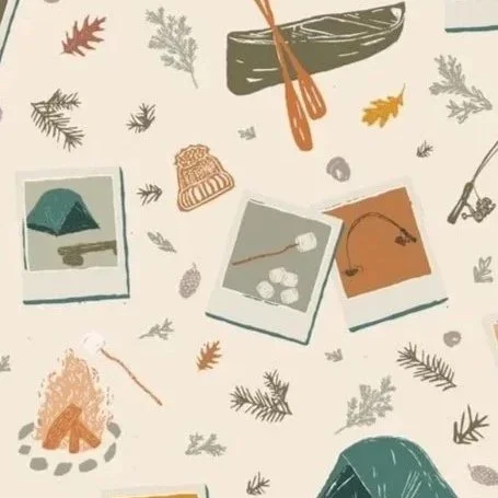 A collection of fall and outdoor-themed illustrations and photographs, including leaves, a campfire, a tent, a hat, a marshmallow roasting stick, and photographs of outdoor scenes, on a light background.