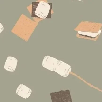 Assorted snacks including marshmallows, graham crackers, chocolate, and a marshmallow roasting stick.