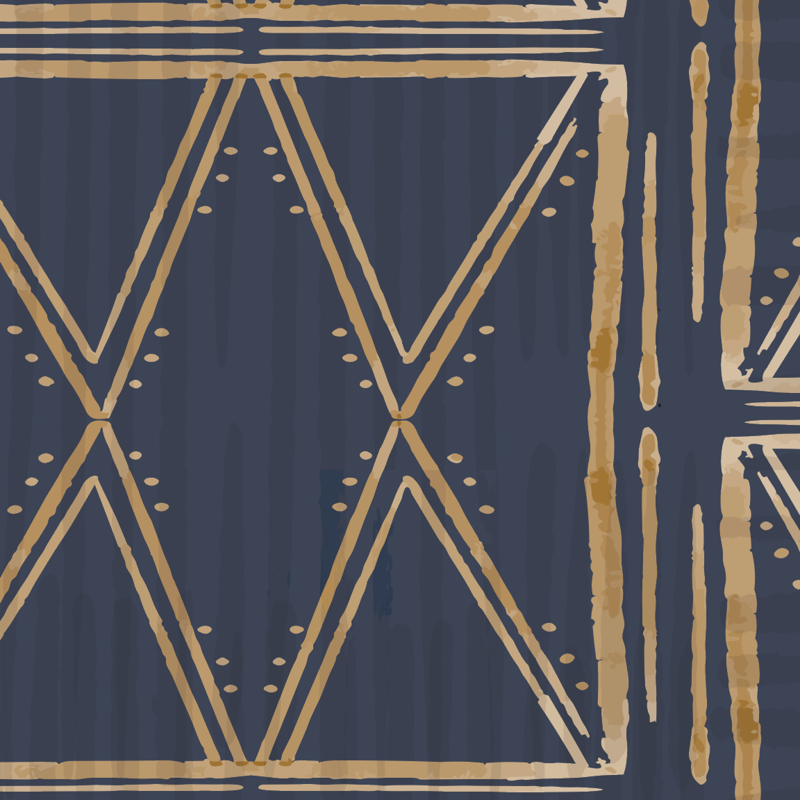 Close-up of a geometric wooden wall decoration with triangular and diamond shapes, painted in dark blue and tan colors.