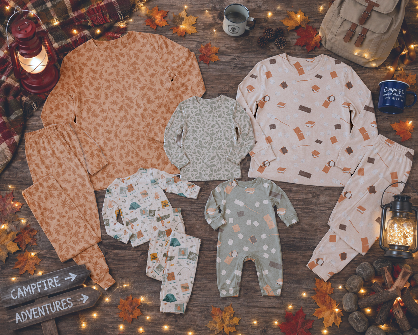 CAMPING UNDER THE STARS FALL FABRIC COLLECTION SMORES LEAVES PINECONES POLAROIDS CANOE BONFIRE