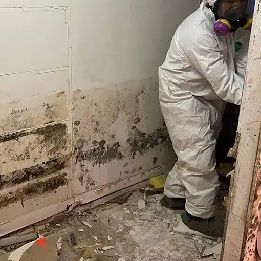 Close-up of mold growth on a surface, with a variety of gray, yellow, and brown patches forming a textured pattern.