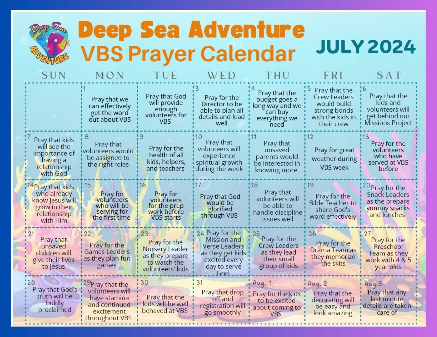 VBS Prayer Calendar โ Steamboat Rock Baptist Church VBS Prayer Calendar โ Steamboat Rock Baptist Church