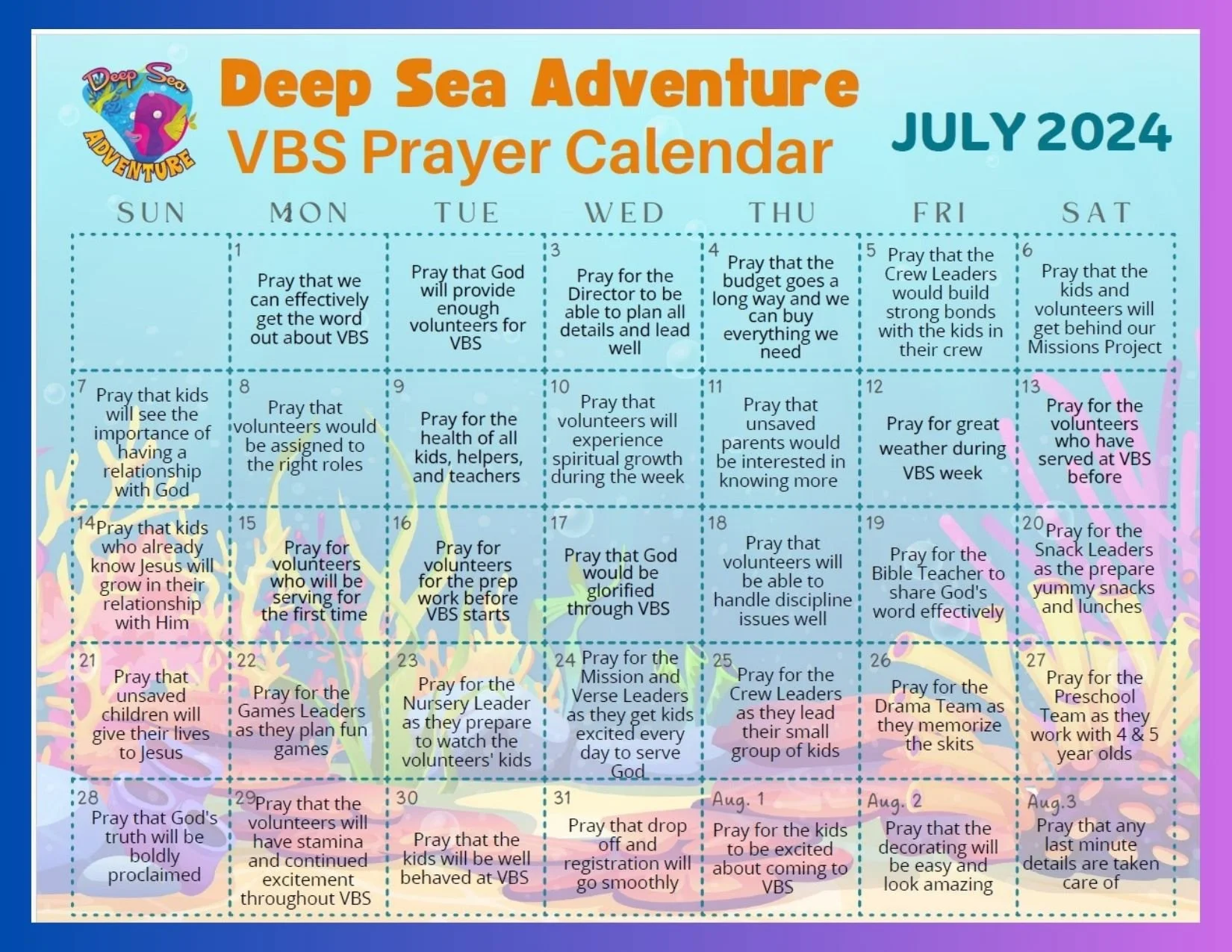 VBS Prayer Calendar — Steamboat Rock Baptist Church