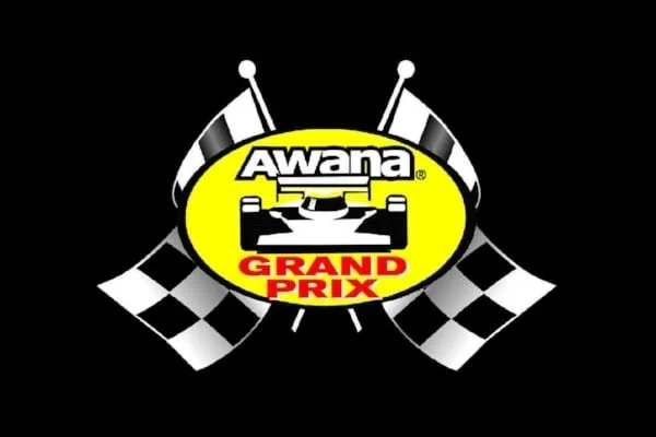 Logo of Awana Grand Prix featuring a race car, checkered flags, and bold text.