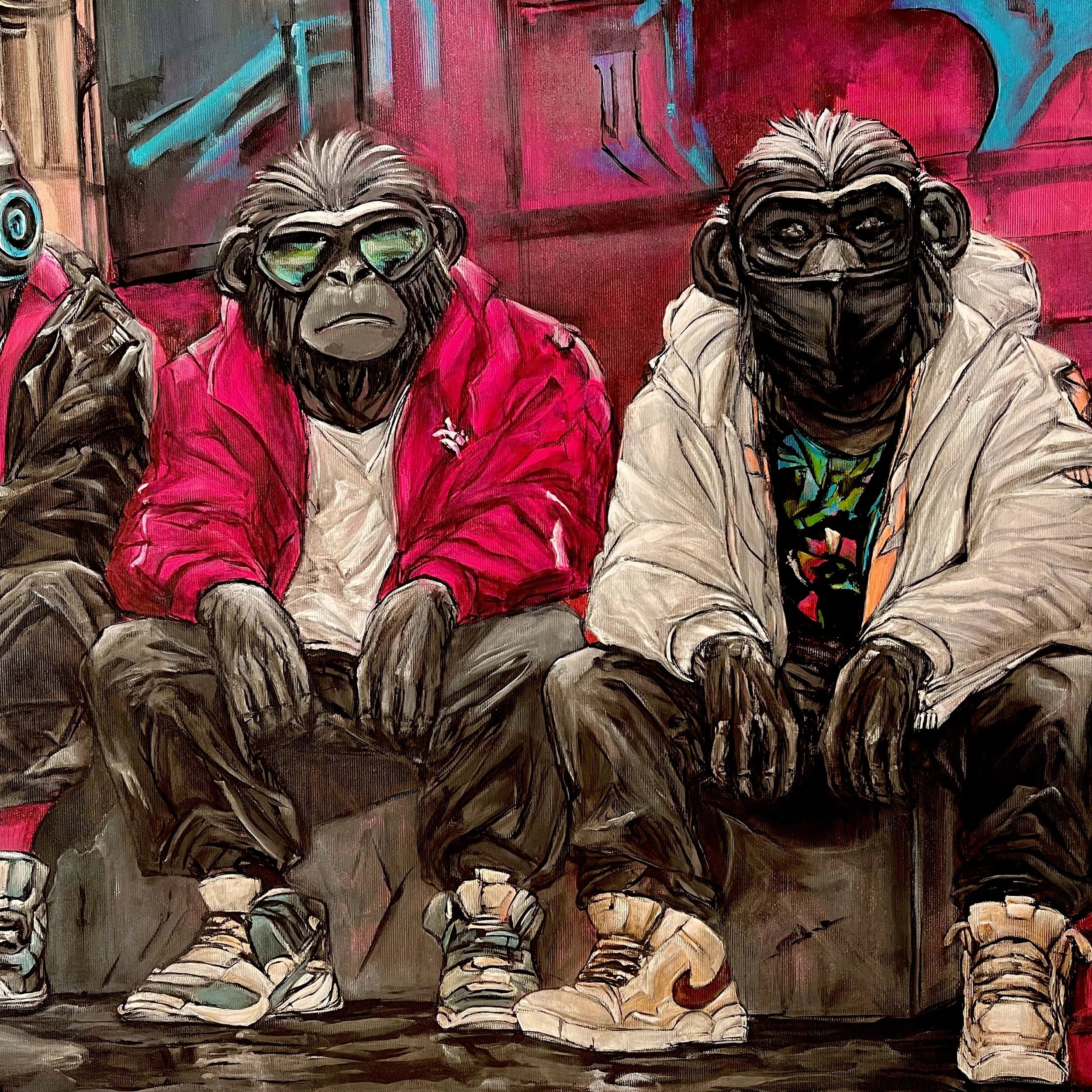 The Silence of the Present original acrylic painting of three monkeys in streetwear by Mrs. Cilinder.