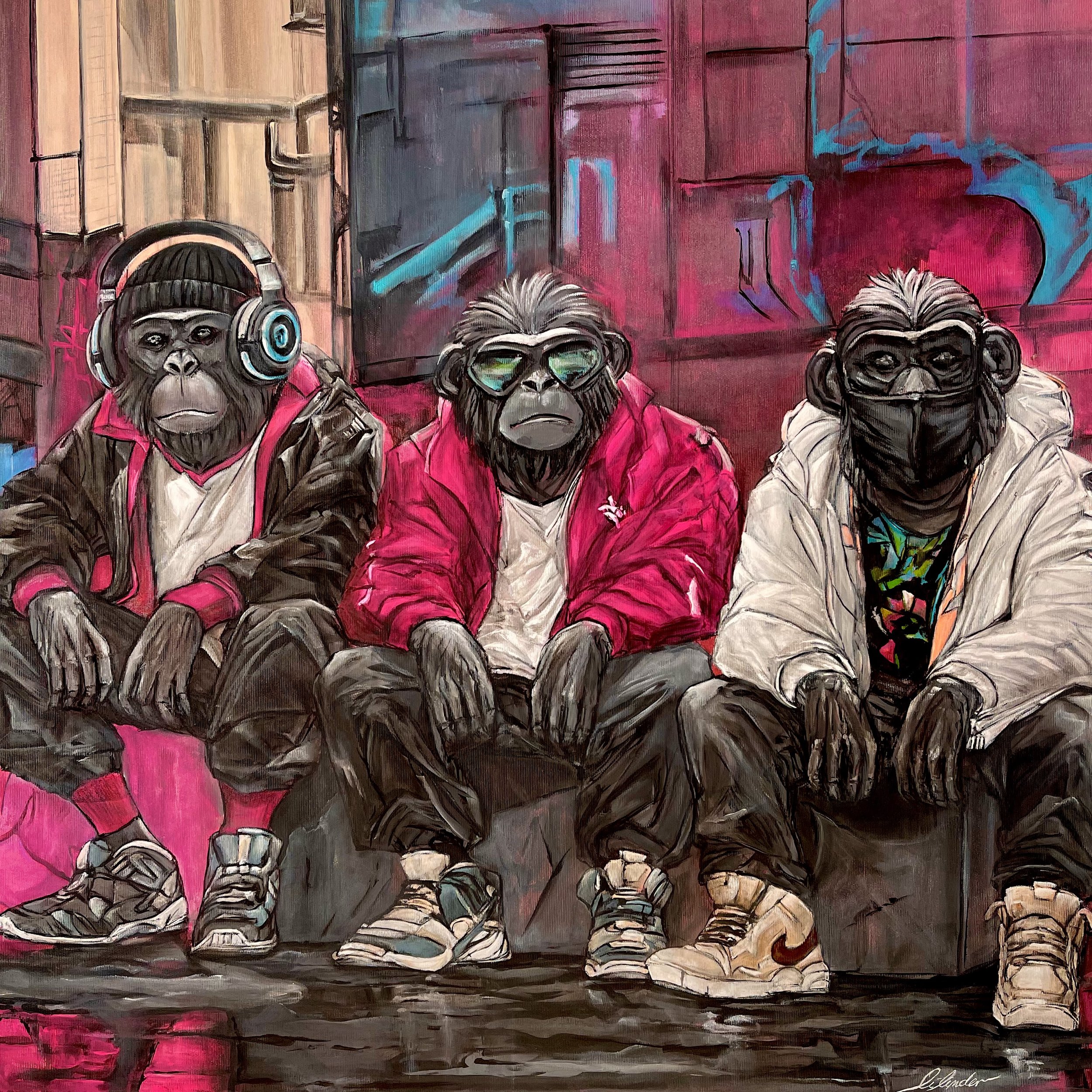 The Silence of the Present original acrylic painting of three monkeys in streetwear by Mrs. Cilinder.