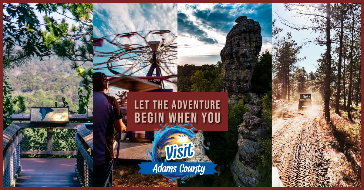 Collage of Adams County attractions including a scenic overlook, a Ferris wheel, unique rock formations, and a dirt trail with a vehicle, with overlay text promoting adventure and visiting Adams County.