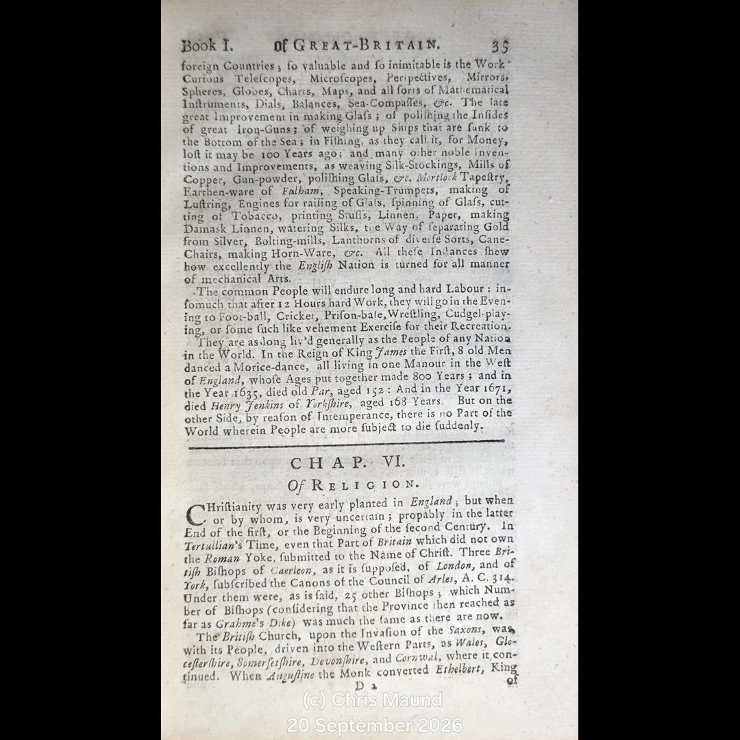 1743 35th/14th ed With Early Cricket Reference and Provenance MAGNAE BRITANNIAE NOTITIA By John Chamberlayme