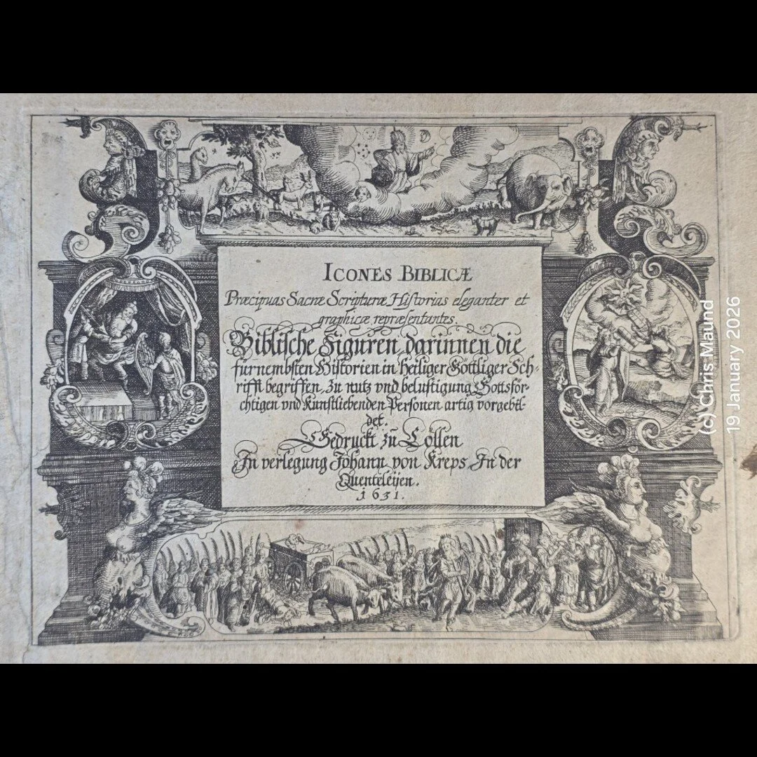 1631 Köln: Johann von Kreps Oblong ICONES BIBLICAE PRAECIPUAS SACRAE SCRIPTURAE By after Matthäus Merian the Elder Good Religion