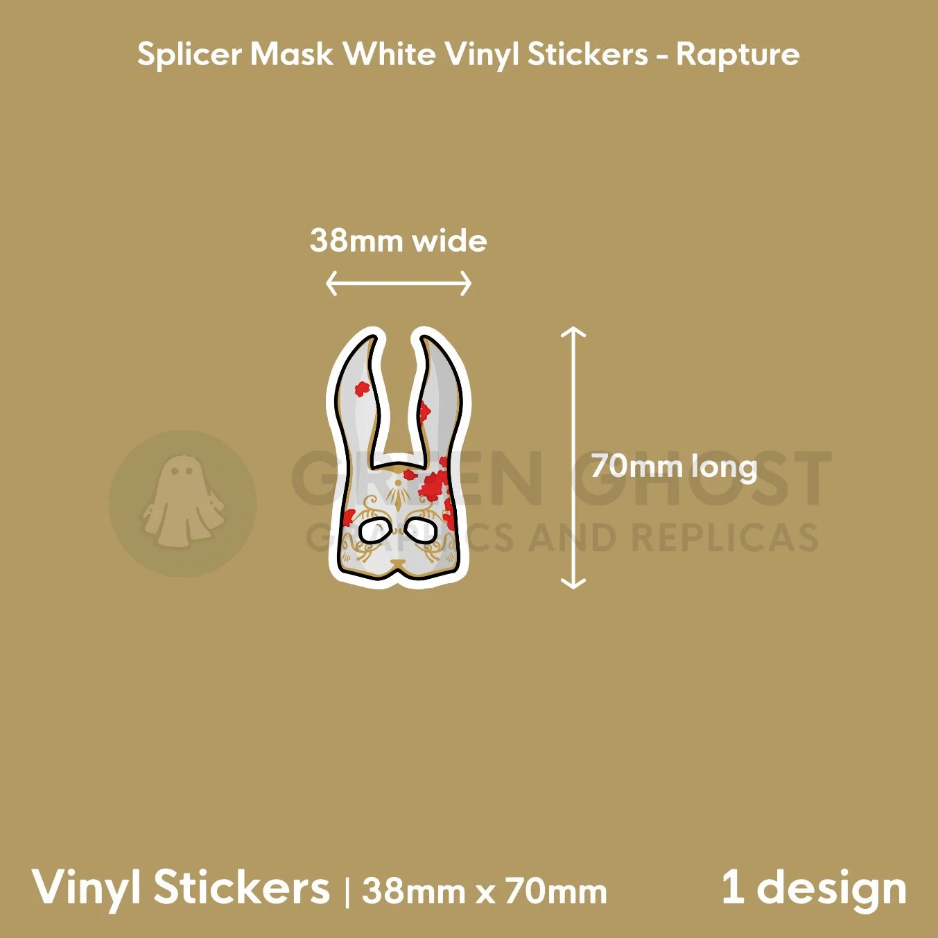 Sticker on a mustard yellow background showing the dimensions, 38mm x 70mm.