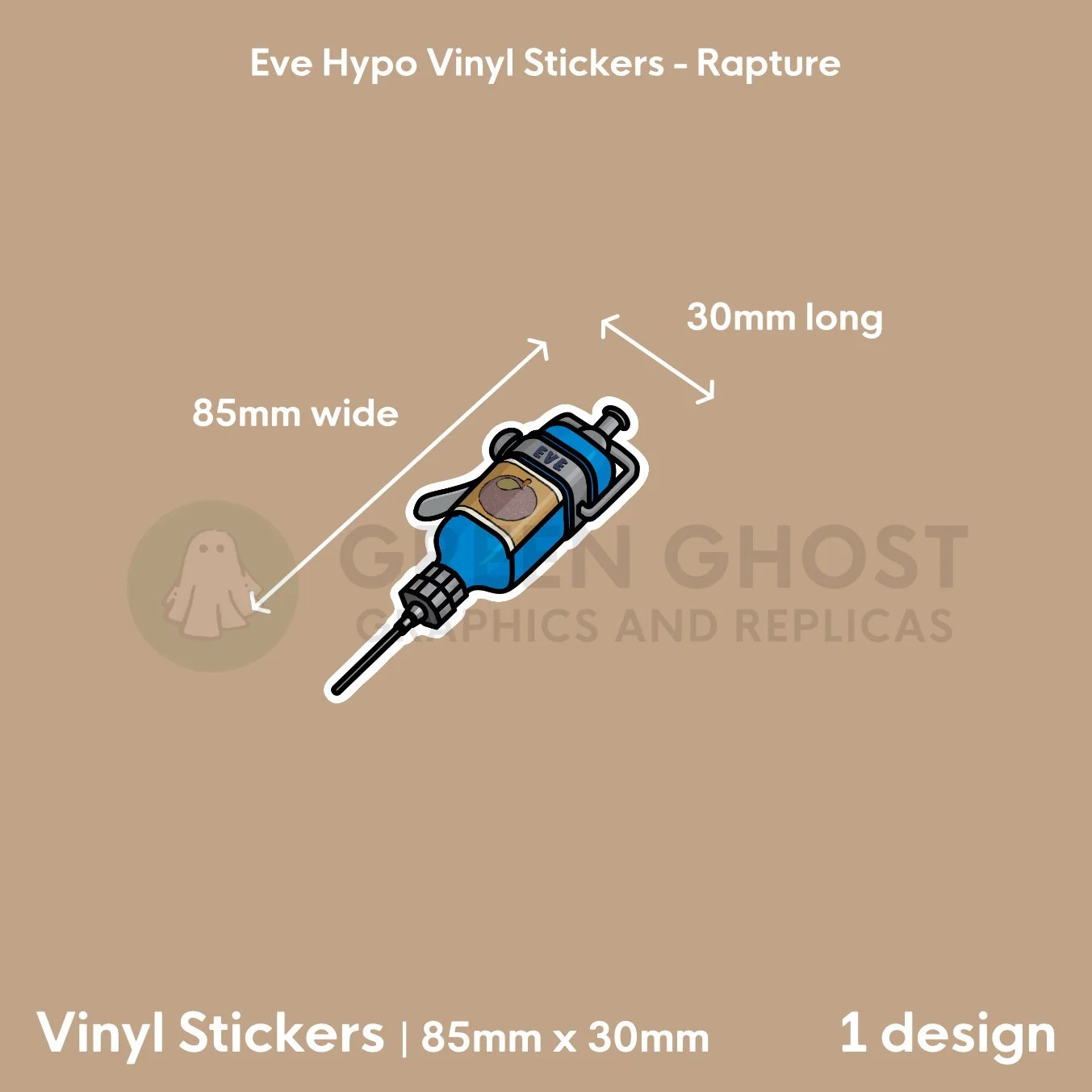 Sticker on a brown blue background showing the dimensions, 85mm x 30mm.