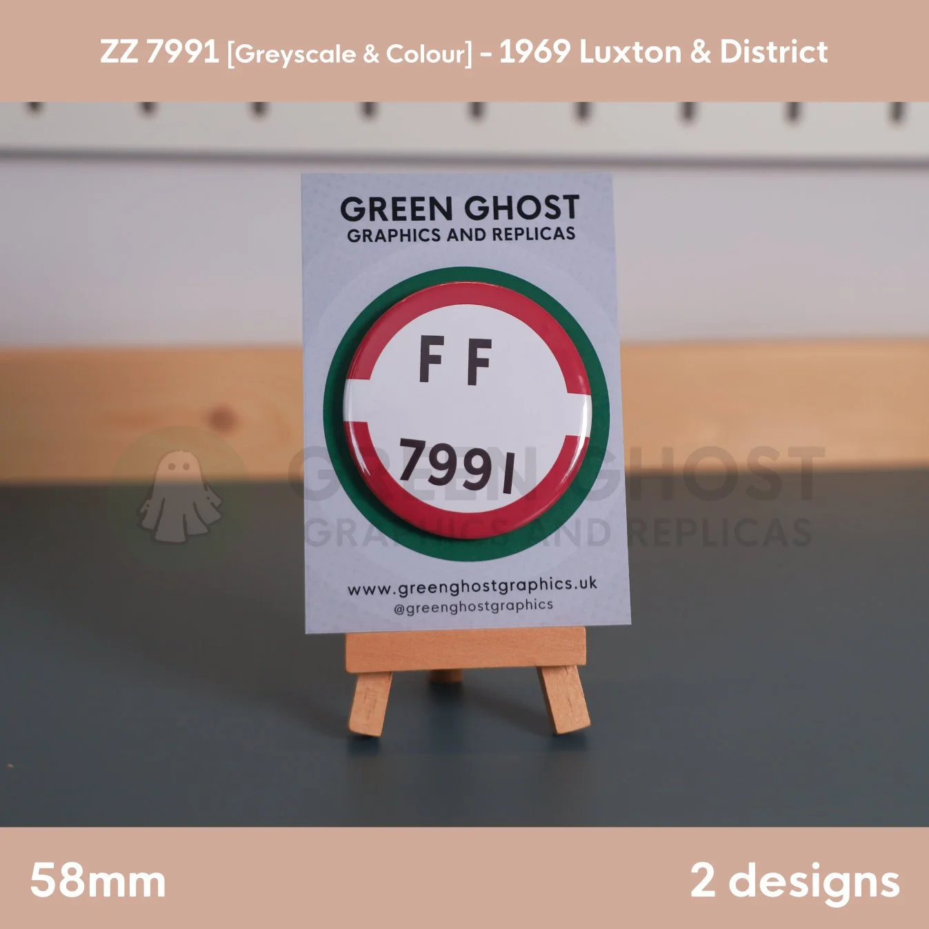 round white badge with a red border and the text “FF 7991” displayed on a wooden easel with a branded card behind it.