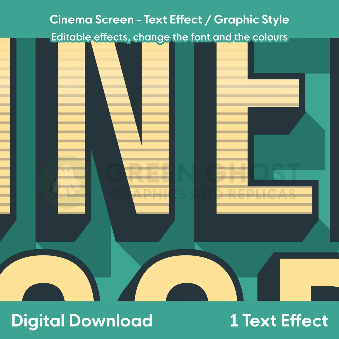 A retro striped yellow‑and‑green “CINEMA SCREEN” text effect shown against a teal backdrop.