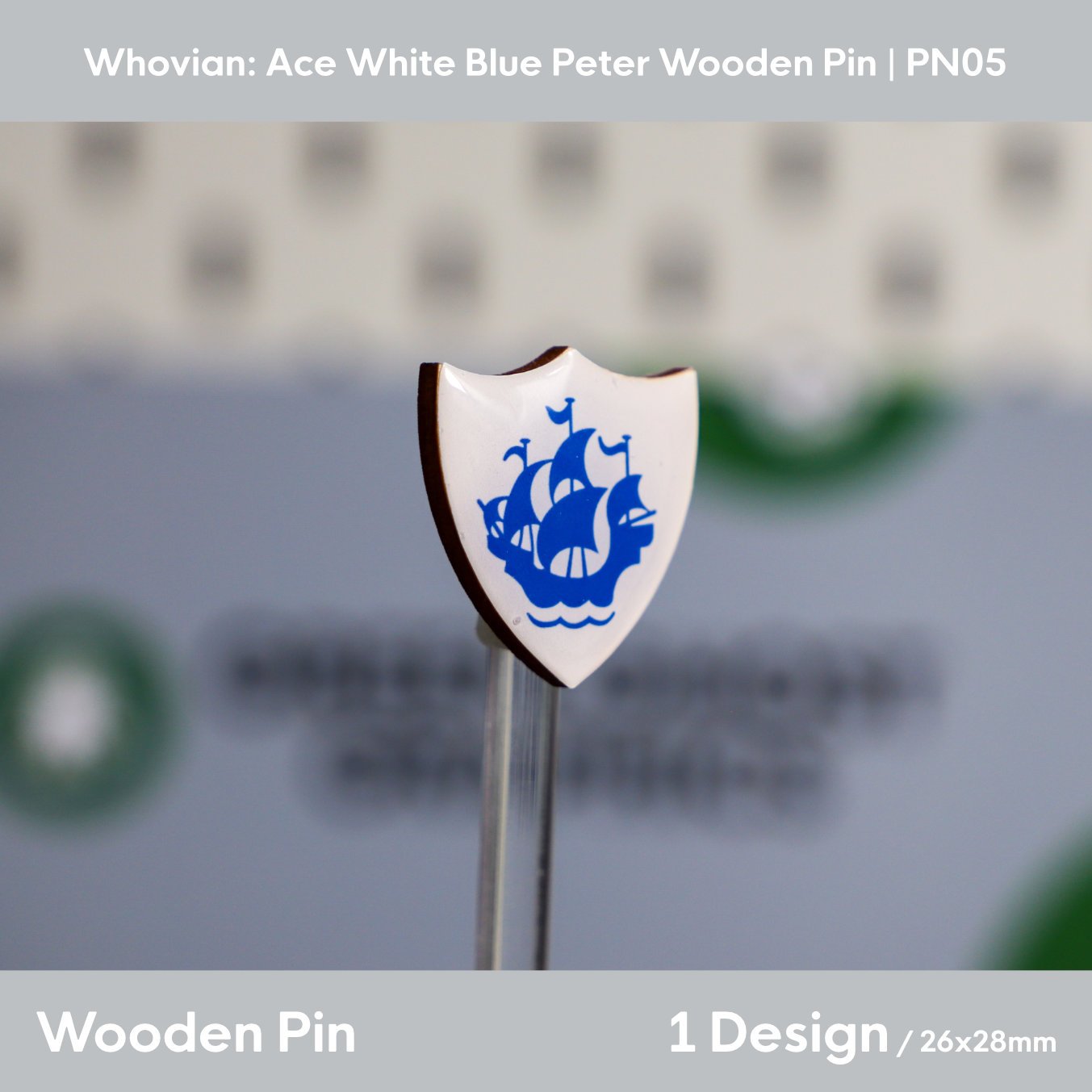 Whovian: Ace White Shield Blue Peter Wooden Pin | 26x28mm