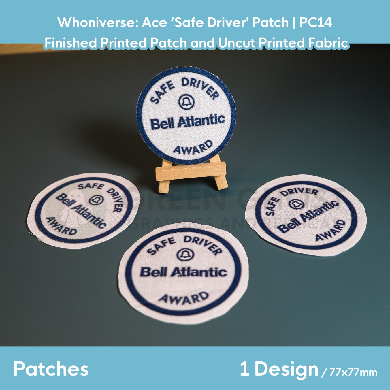 Printed patch design, finished with interfacing and glued edges. round bell Atlantic design in white with blue border and full white background.