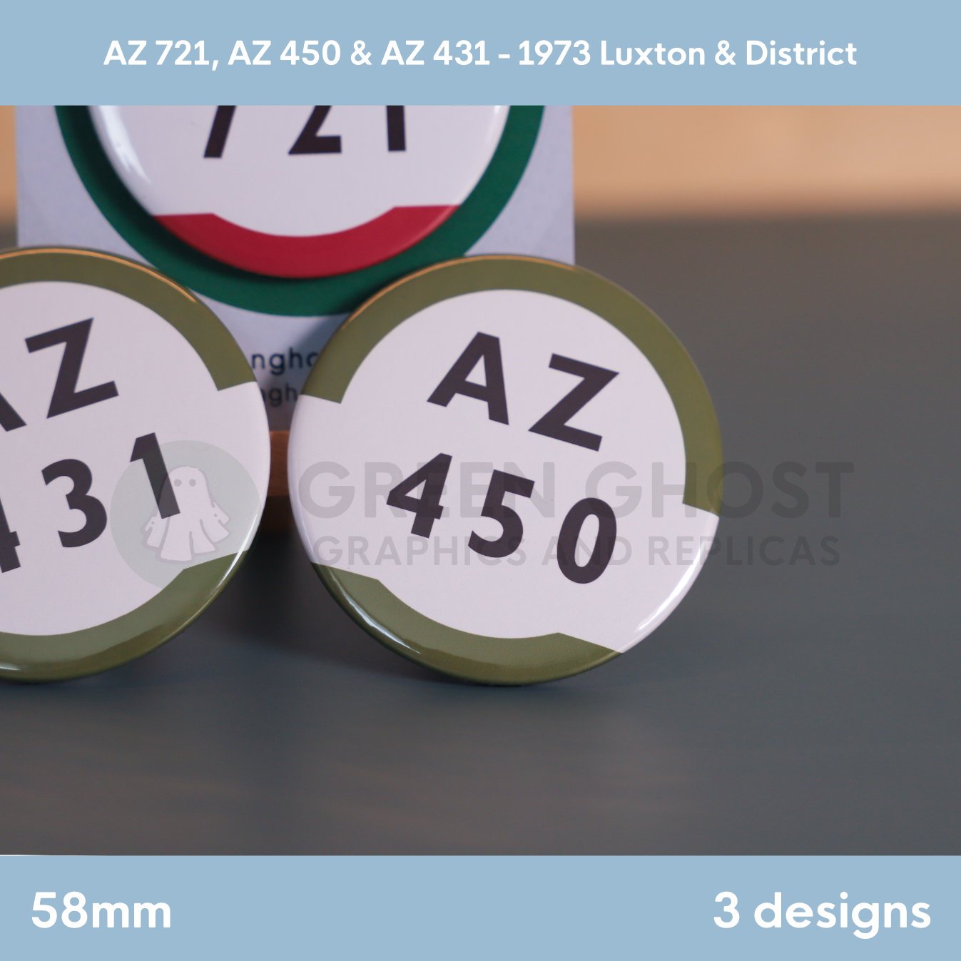 Three round badges featuring “AZ 721,” “AZ 450,” and “AZ 431” arranged with a branded backing card behind them.