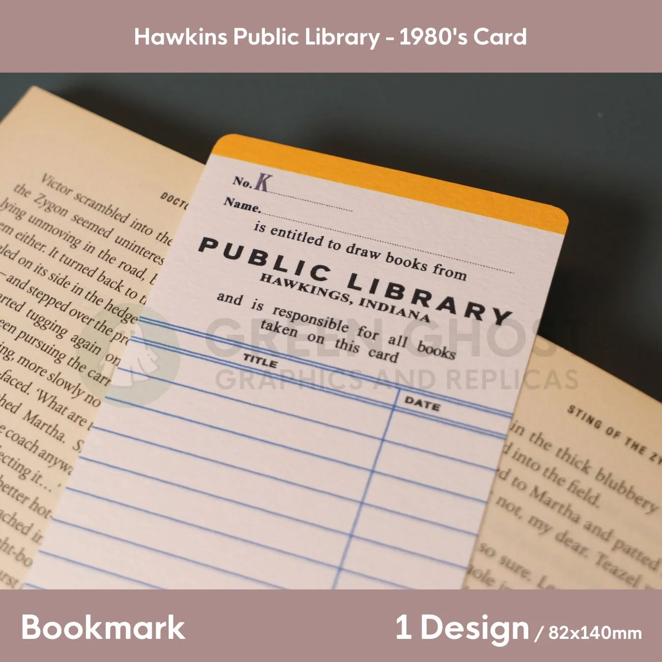 A vintage Hawkins Public Library checkout card inserted into an open book, styled with retro lines and blank spaces for book titles and dates.