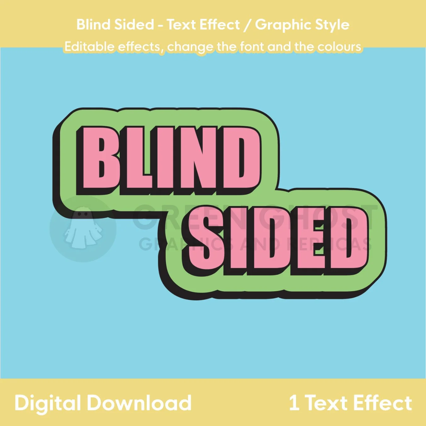 A pink “BLIND SIDED” text effect with black outline and green backing shape shown on a light‑blue background.