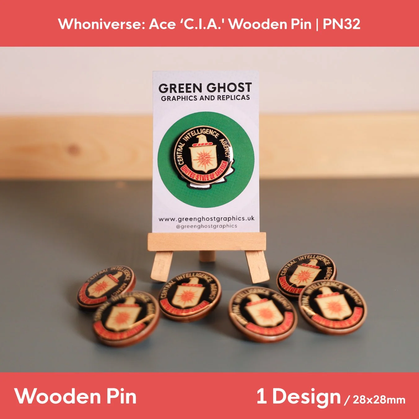 Whoniverse: Ace 'C.I.A. United States of America' Wooden Pin | 28mm x 28mm