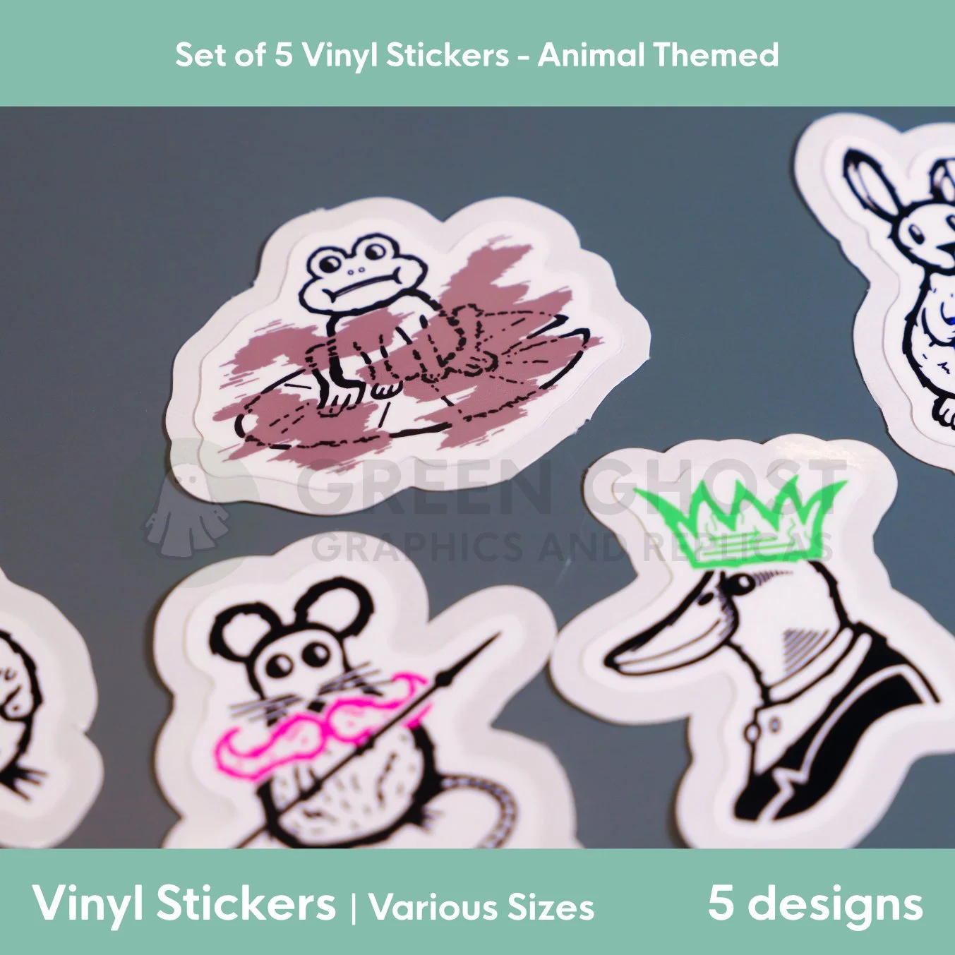 Close up of Murky Frog with its brown murky fog on its lily pad. surrounded by the other designs.