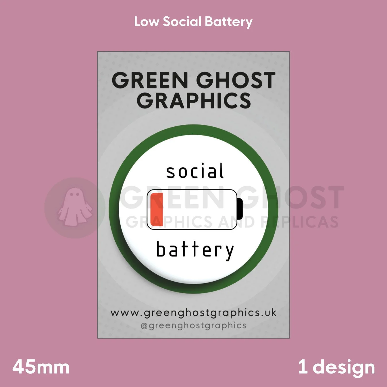 A round white badge with a red low‑battery icon and the words “social battery” displayed on a branded backing card.