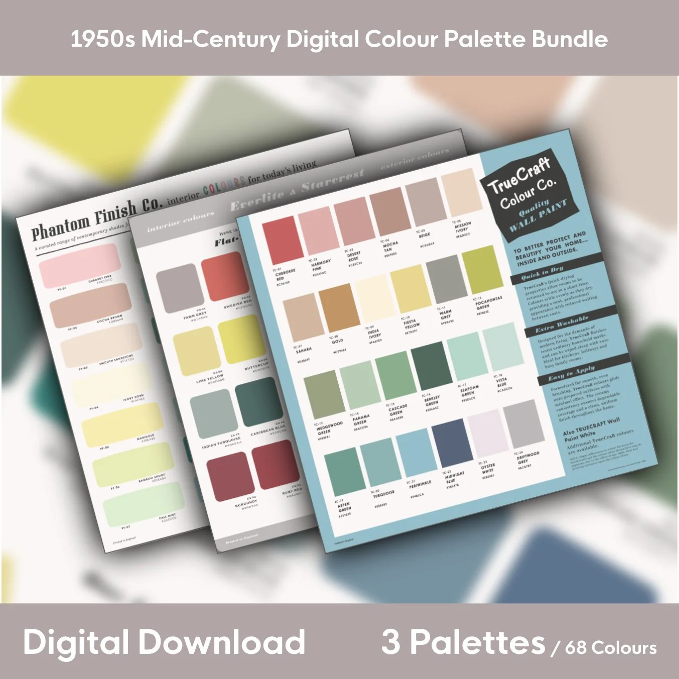 1950s Mid‑Century Colour Palette Bundle - 68 Colours / 3 Palettes
