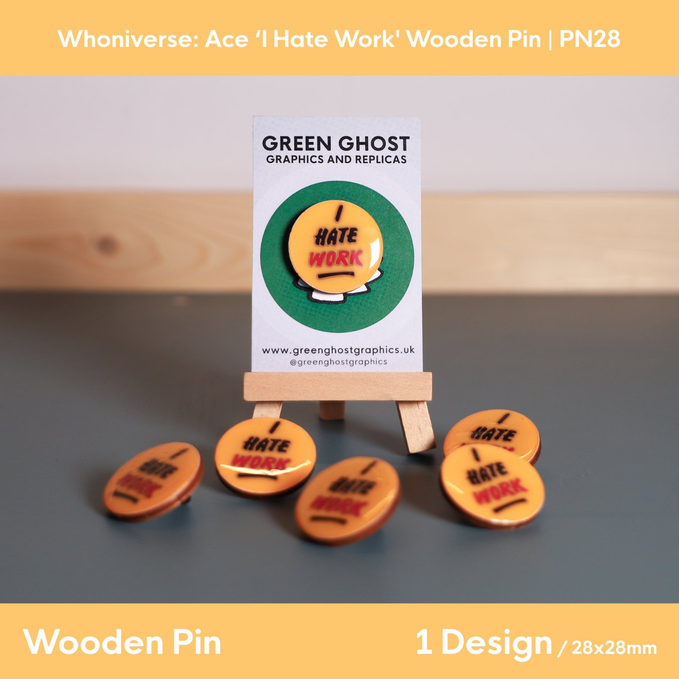 Whoniverse: Ace 'I Hate Work' Wooden Pin | 28mm x 28mm